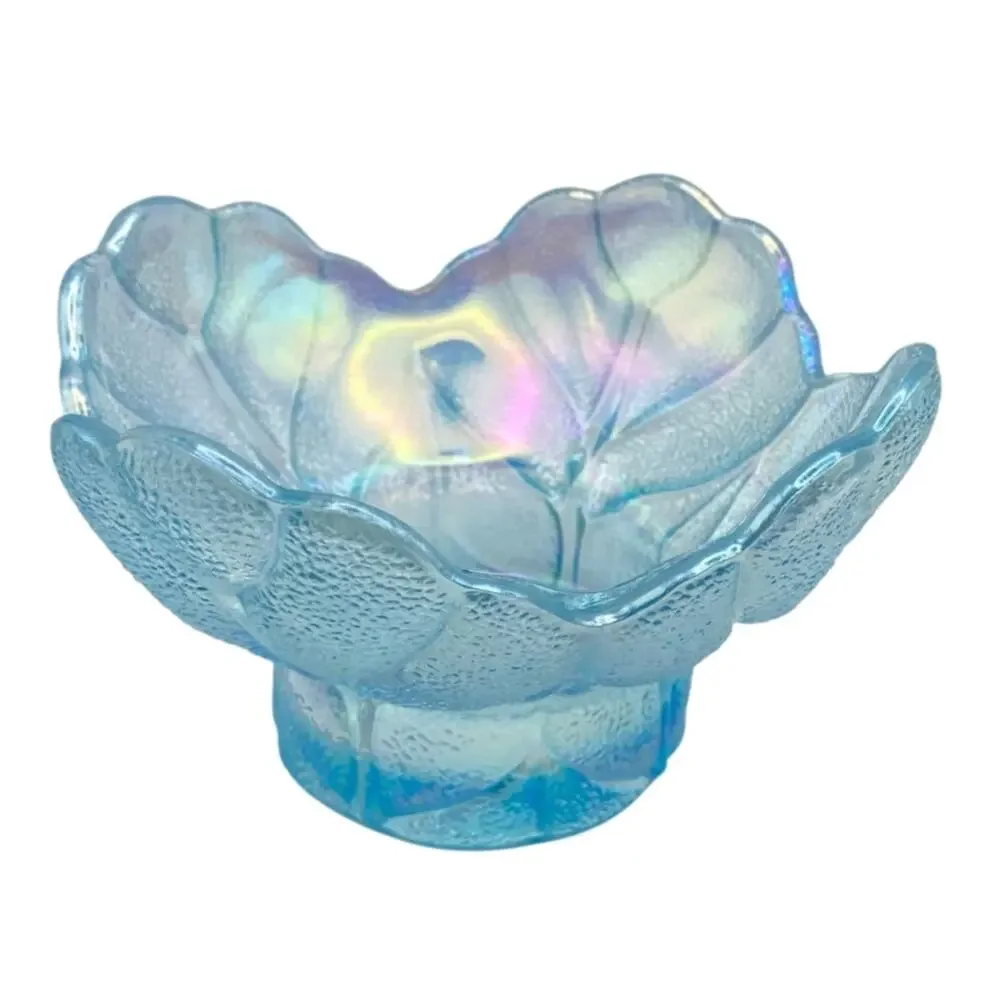 VTG LE Smith Iridescent Carnival Glass Candle Holder - Candy Bowl - Cabbage Leaf